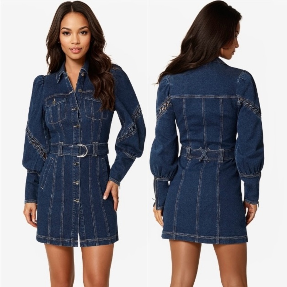 Bebe Long Sleeve Denim Dress With Belt